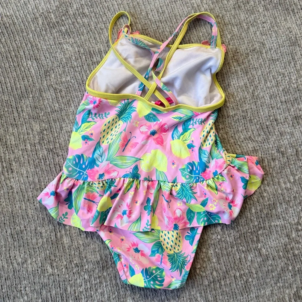 Betsey Johnson Girls Tropical Ruffle One-Piece Swimsuit Pink Floral‎ 7/8